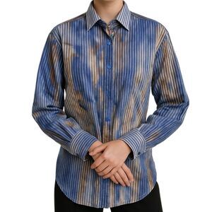 Brandolini Men's Blue and Brown Striped Button Down Shirt